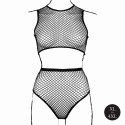 2 piece with crop top, pantie and fishnet structure.