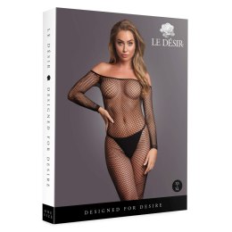 Bodystocking with off shoulder neckline, fishnet structure and open crotch.