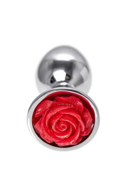 Anal plug Metal by TOYFA, metal, silver with red rose, 8 cm, O 2.7 cm, 48 g