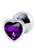 Silver anal plug with purple gem heart-shaped